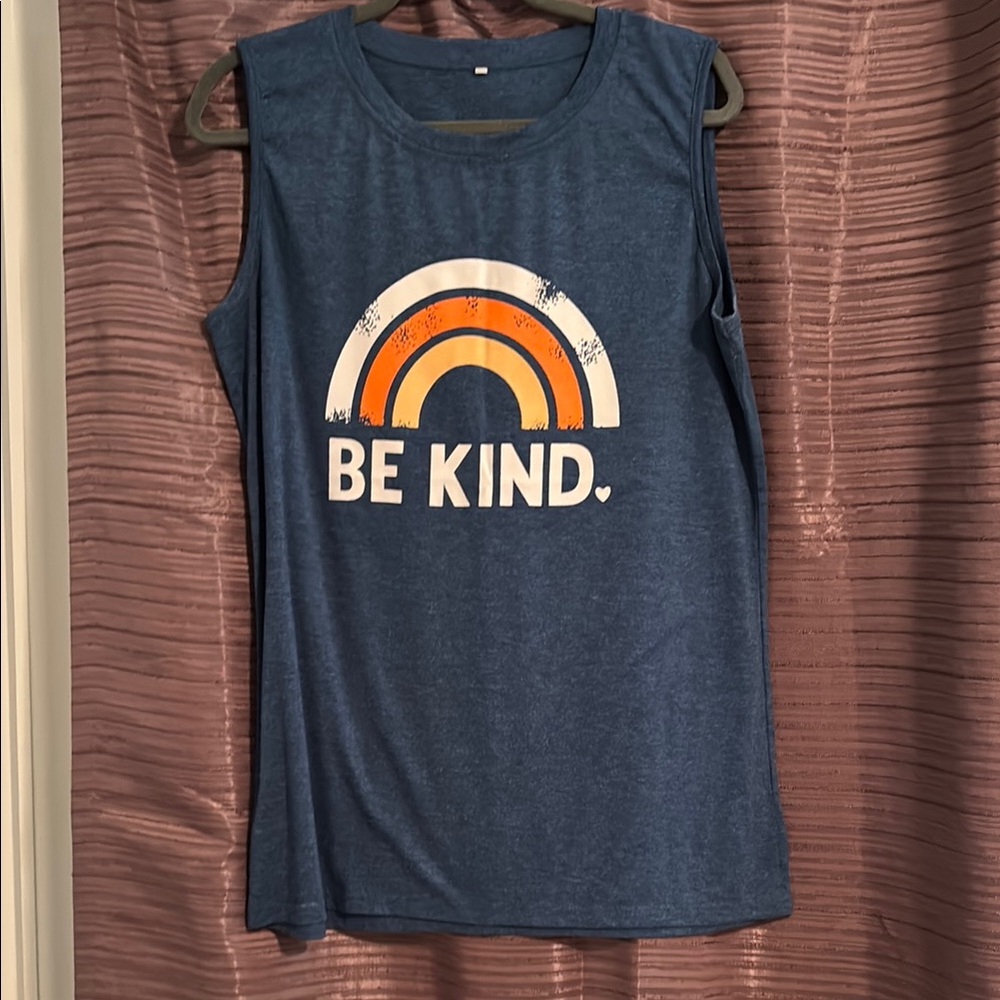 Blue 'Be Kind' Tank Top with Rainbow Design on front.